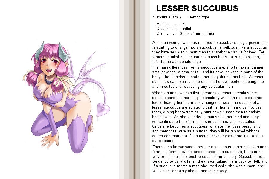 kenkou cross, lesser succubus, monster girl encyclopedia, fur, hard-translated, official art, third-party edit, translated, 1girl, barefoot, character profile, collar, demon, demon girl, english text, female focus, horns, monster girl, pink hair, purple hair, red eyes, solo, tail, wings