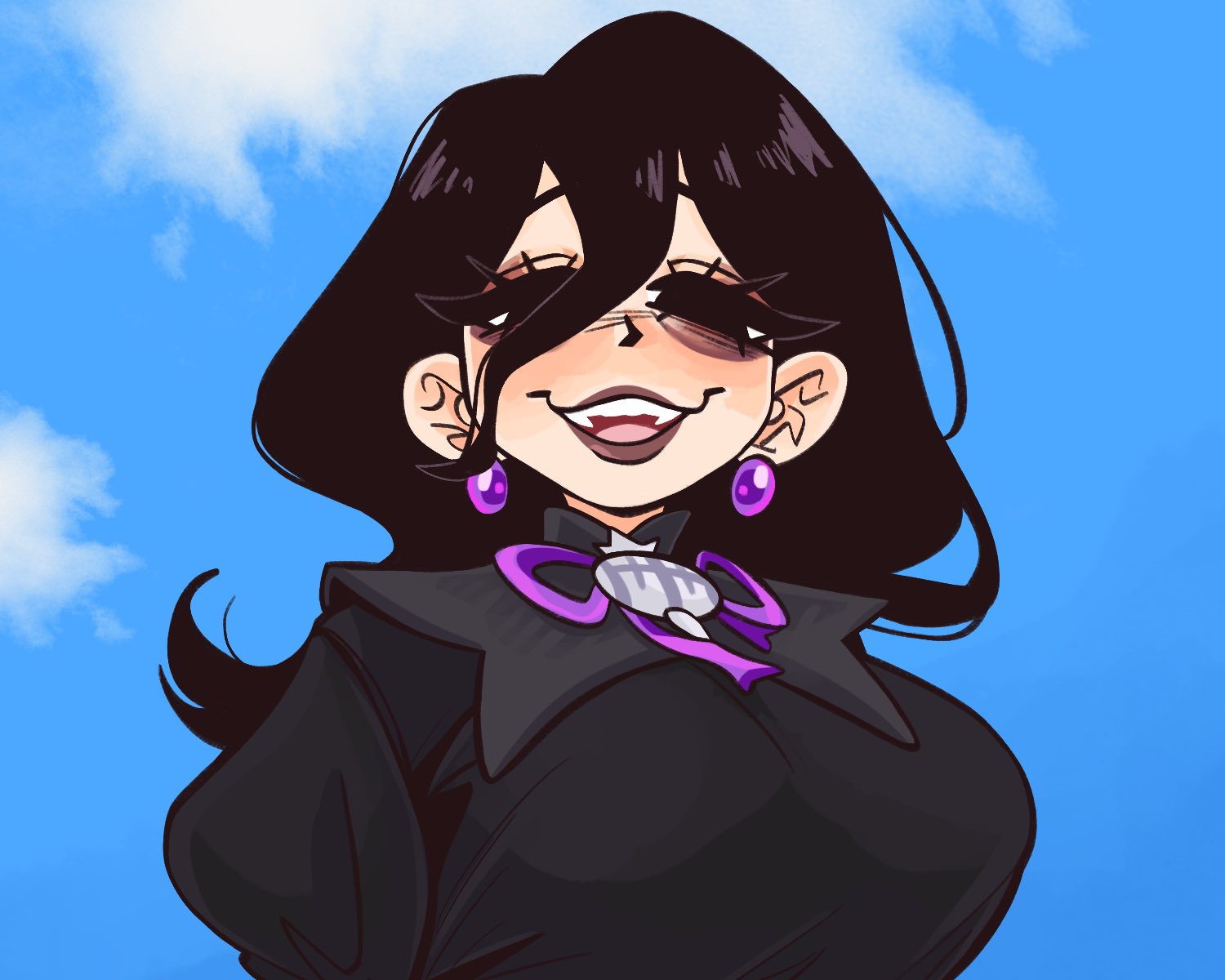kecchi0, hex maniac (pokemon), hex maniac (pokemon legends: z-a), nintendo, pokemon, pokemon sv, derivative work, highres, screenshot redraw, 1girl, black dress, black eyes, black hair, blue sky, breasts, dress, earrings, from below, hair between eyes, jewelry, large breasts, long hair, long sleeves, open mouth, parted lips, simple background, sky, smile, solo, standing