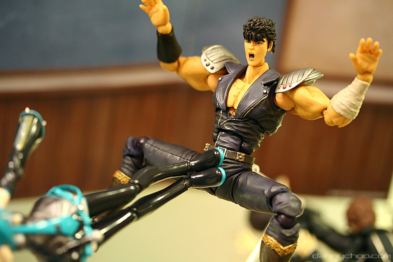 hatsune miku, kenshiro, figma, hokuto no ken, revoltech, vocaloid, photo (medium), crotch kick, figure, figure (medium), kicking