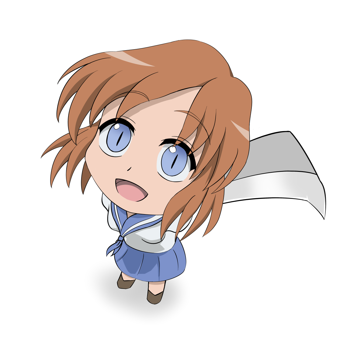 jadf, ryuuguu rena, higurashi no naku koro ni, bad id, bad pixiv id, 00s, 1girl, billhook, blue eyes, brown hair, chibi, female focus, hashitsuki nata, hatchet, nata (tool), perspective, solo