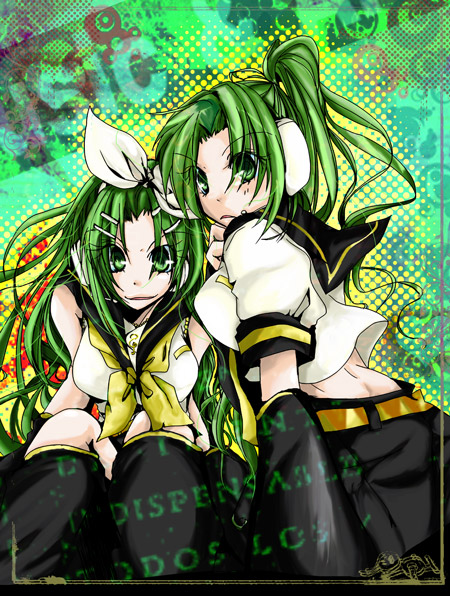 doku116, kagamine len, kagamine rin, sonozaki mion, sonozaki shion, higurashi no naku koro ni, vocaloid, bad id, bad pixiv id, 2girls, cosplay, green background, kagamine len (cosplay), kagamine rin (cosplay), multiple girls, siblings, sisters, trait connection, twins