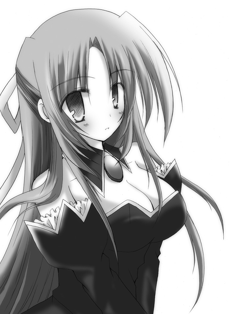 inscco, sonozaki shion, higurashi no naku koro ni, bad id, bad pixiv id, 00s, 1girl, angel mort, detached collar, female focus, greyscale, half updo, monochrome, solo