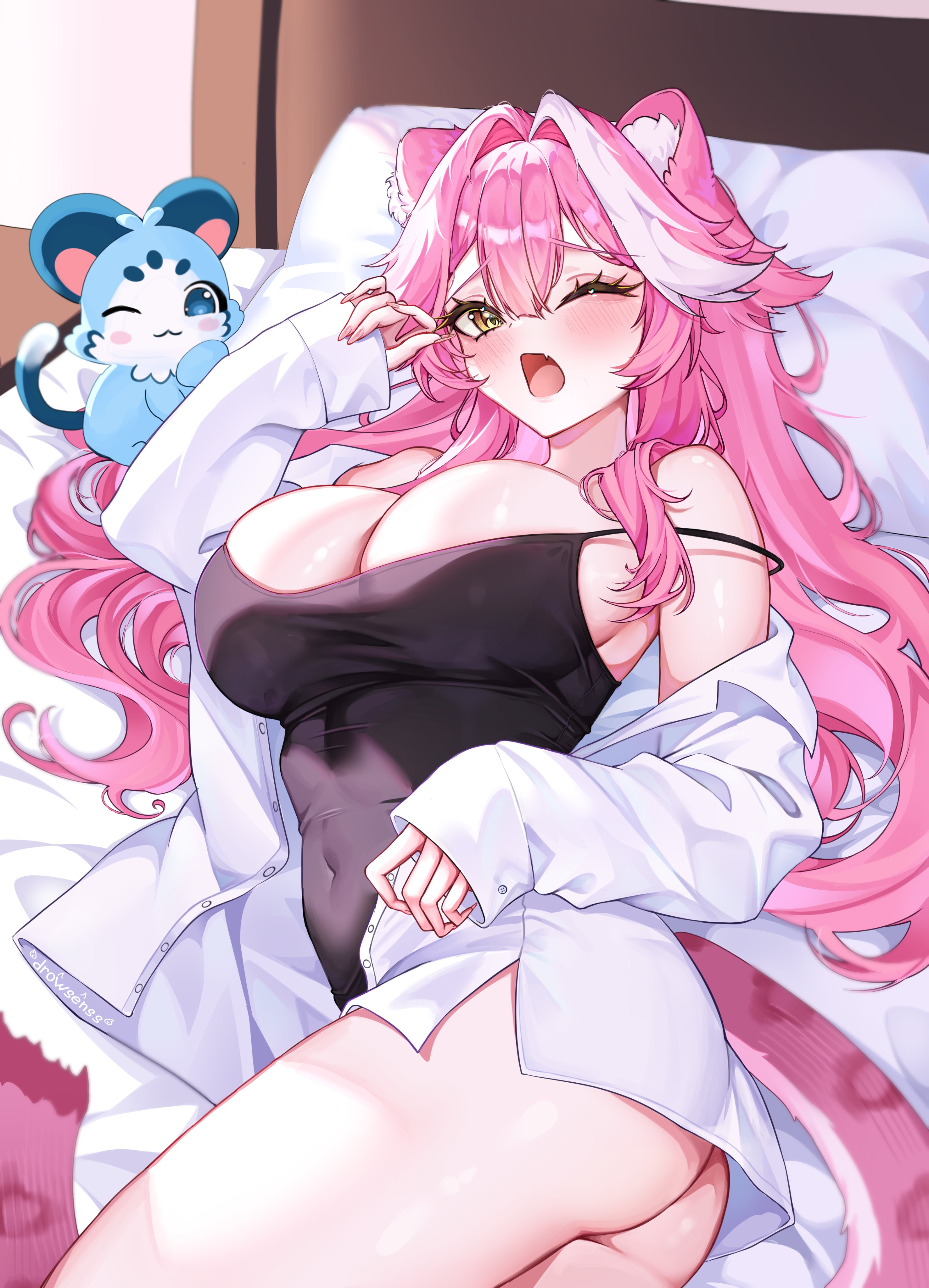 drowsenss, chattino (raora panthera), raora panthera, hololive, hololive english, absurdres, commentary, english commentary, highres, 1girl, ;o, alternate costume, animal ear fluff, animal ears, ass, black camisole, blush, breasts, camisole, cleavage, collared shirt, covered navel, fang, hair between eyes, large breasts, long hair, long sleeves, looking at viewer, lying, multicolored hair, no pants, on bed, one eye closed, open clothes, open mouth, open shirt, panther ears, panther girl, panther tail, pink hair, shirt, sidelocks, skin fang, sleeves past wrists, solo, streaked hair, tail, virtual youtuber, white hair, white shirt, yawning, yellow eyes
