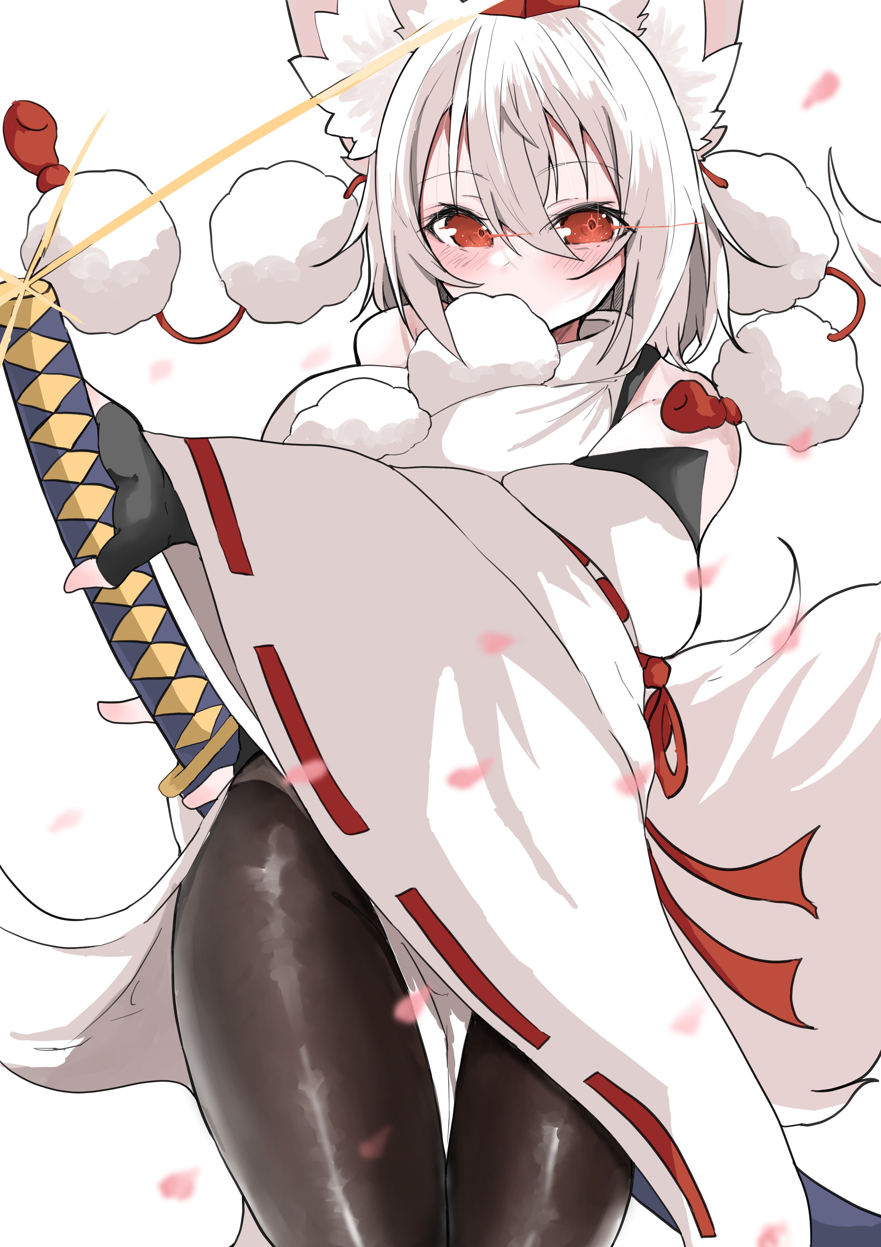regua, inubashiri momiji, touhou, absurdres, highres, 1girl, animal ears, bare shoulders, black thighhighs, blush, breasts, detached sleeves, grey hair, hair between eyes, hat, holding, holding weapon, large breasts, looking at viewer, open mouth, pom pom (clothes), red eyes, red hat, shirt, short hair, simple background, solo, sword, tail, tengu, thighhighs, tokin hat, weapon, white shirt, wolf ears, wolf girl, wolf tail