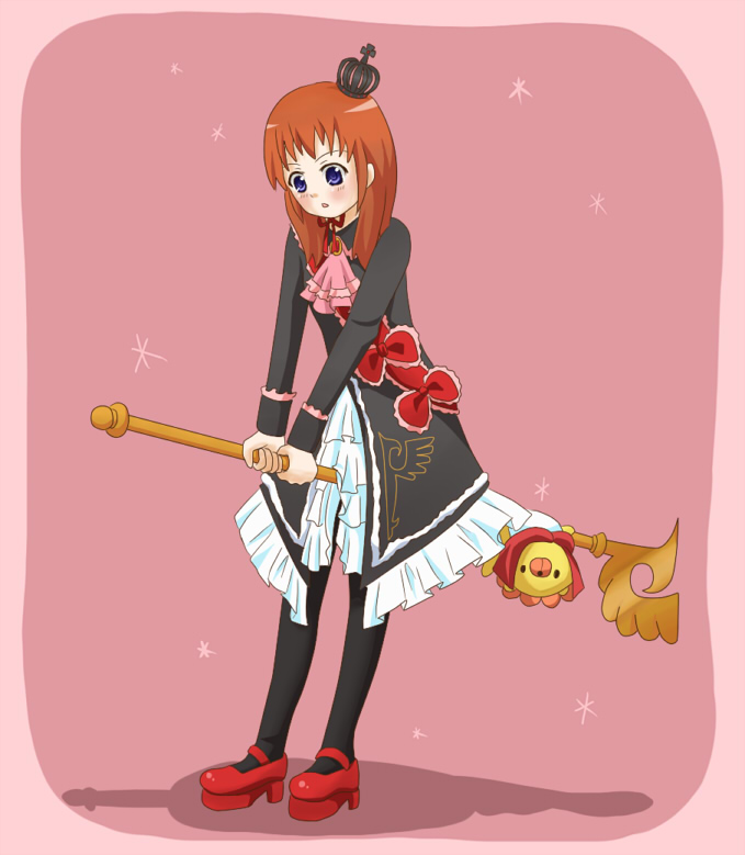 yuta (hoshiuta), maria (umineko), sakutarou (umineko), umineko no naku koro ni, bad id, bad pixiv id, 00s, blue eyes, crown, dress, orange hair, pantyhose, ribbon, scepter, solo