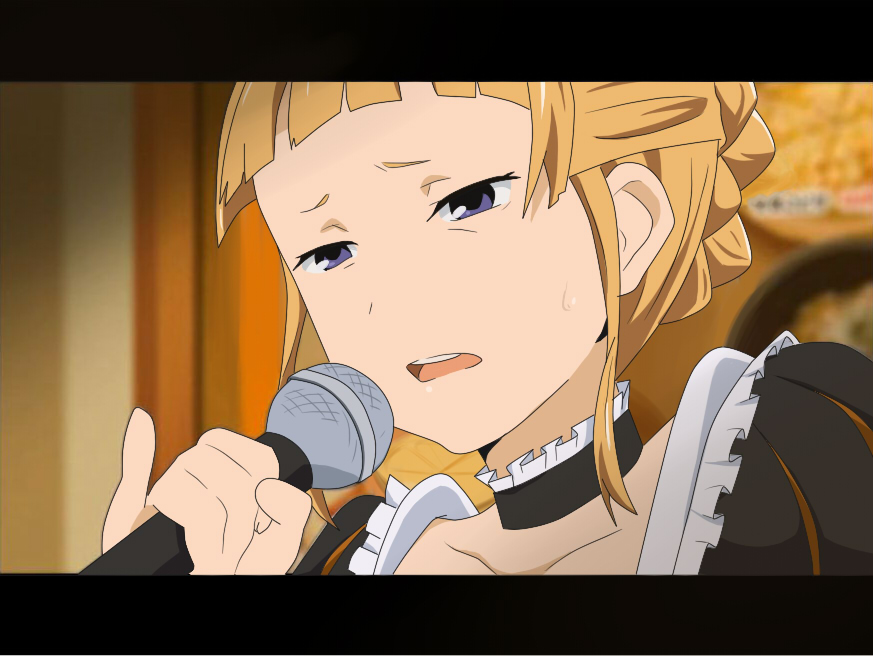yuta (hoshiuta), beatrice (umineko), kannagi, umineko no naku koro ni, 1girl, blonde hair, blue eyes, choker, female focus, letterboxed, microphone, parody, pinky out, solo, sweatdrop