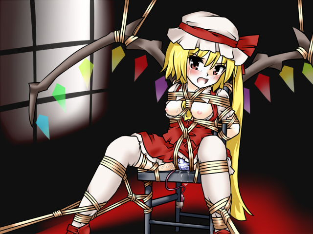 lilish, flandre scarlet, touhou, 1girl, bdsm, blush, bondage, bound, breasts, crotch rope, cum, female focus, nipples, panties, pussy juice, rope, sex toy, shibari, solo, tears, thighhighs, underwear, vibrator