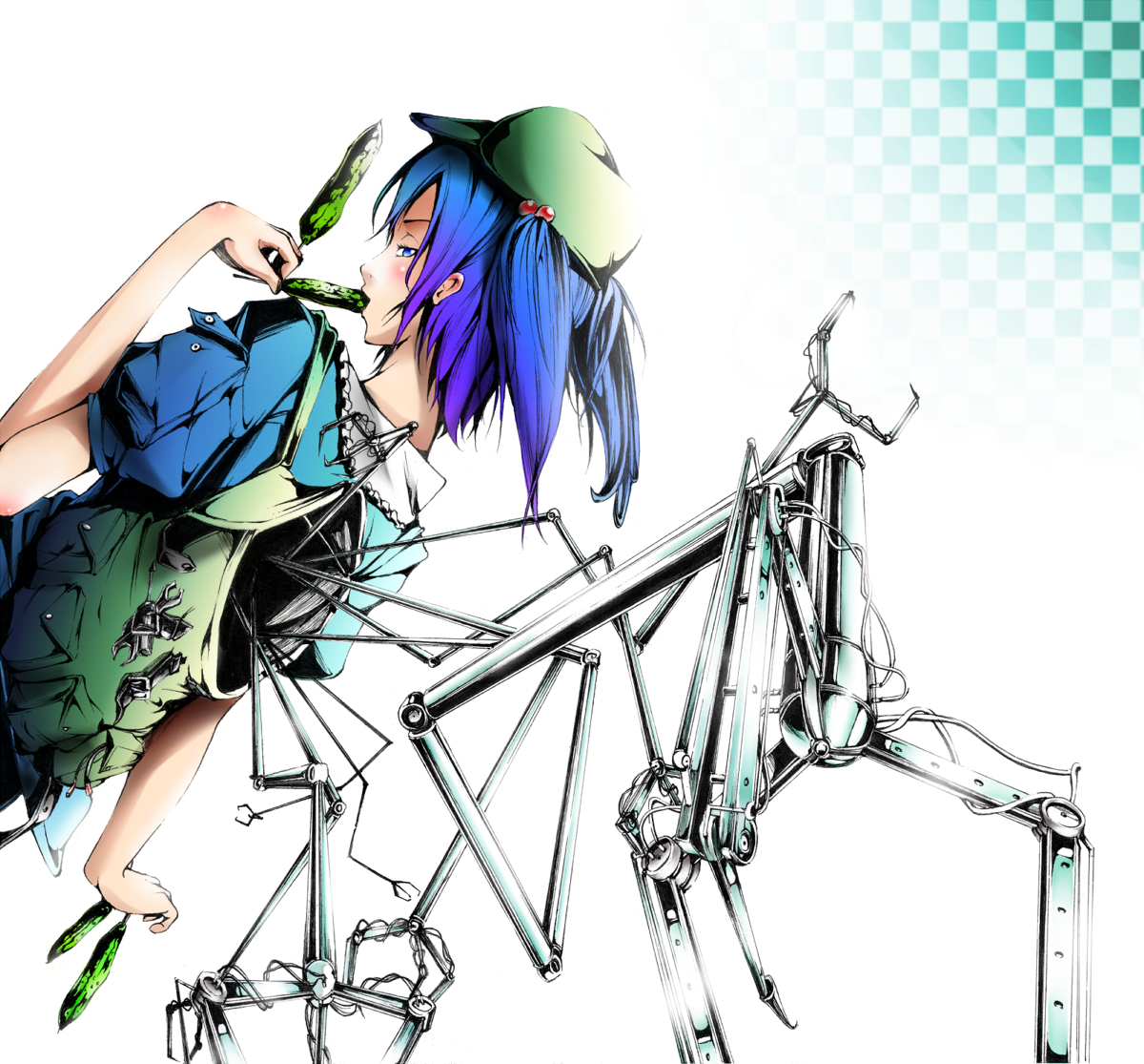 sousou (sousouworks), kawashiro nitori, touhou, mechanical, 1girl, backpack, bag, blue eyes, blue hair, cucumber, female focus, gradient background, hat, matching hair/eyes, randoseru, robot, short hair, solo, twintails, two side up, upper body, white background