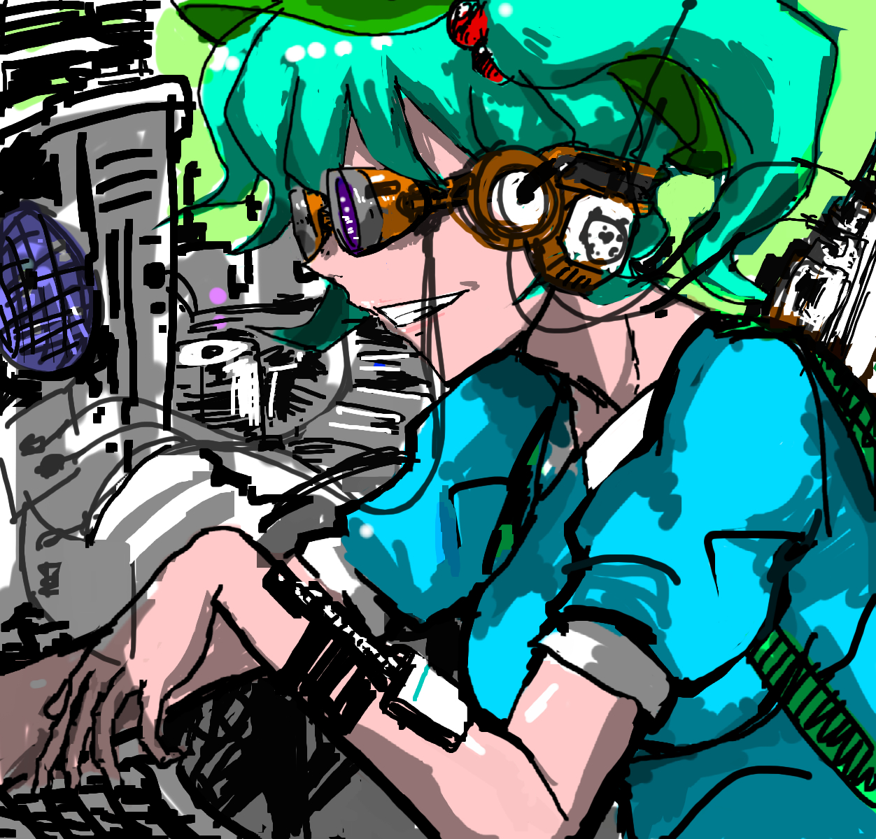 kawashiro nitori, touhou, bad id, bad pixiv id, highres, 1girl, blue hair, breasts, female focus, glasses, hat, headphones, robot, sketch, solo, two side up
