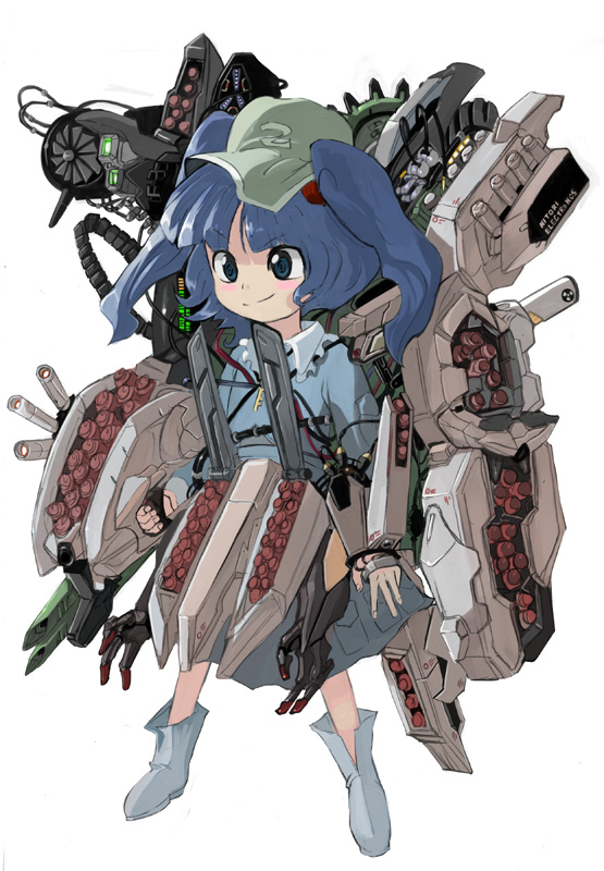 kawashiro nitori, touhou, 1girl, blue hair, female focus, full body, hat, mecha musume, parody, robot, short hair, simple background, solo, twintails, two side up, white background