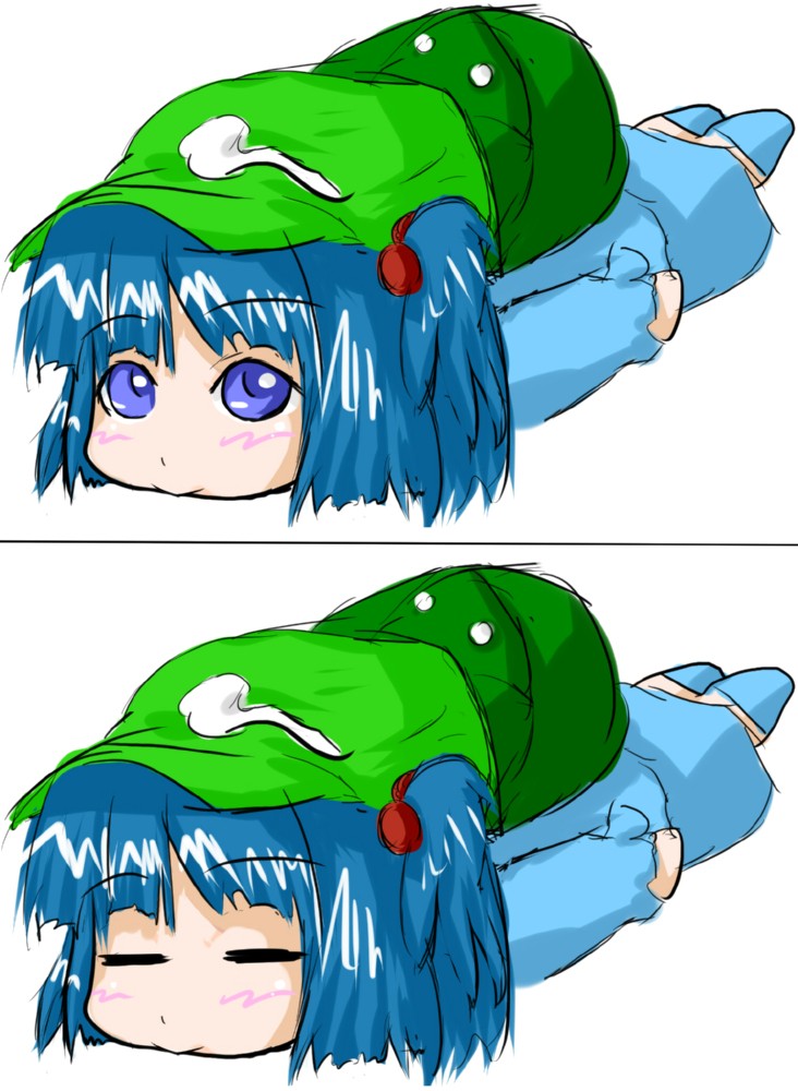 kawashiro nitori, touhou, 1girl, :>, = =, backpack, bag, blue hair, chibi, female focus, hair bobbles, hair ornament, hat, lying, on stomach, randoseru, short hair, sketch, two side up