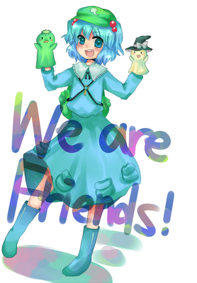 kawashiro nitori, touhou, 1girl, blue hair, boots, english text, female focus, hair bobbles, hair ornament, hat, key, puppet, rubber boots, solo, twintails, two side up