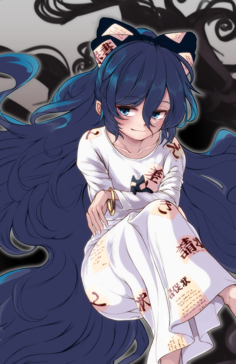 yorigami shion, sunken fossil world, touhou, highres, 1girl, absurdly long hair, aura, bangle, barefoot, blue bow, blue eyes, blue hair, bow, bracelet, breasts, closed mouth, crossed legs, dress, hair bow, jewelry, long dress, long hair, long sleeves, looking at viewer, official alternate costume, small breasts, smile, solo, stuffed animal, stuffed cat, stuffed toy, user ykvz5385, very long hair, white dress