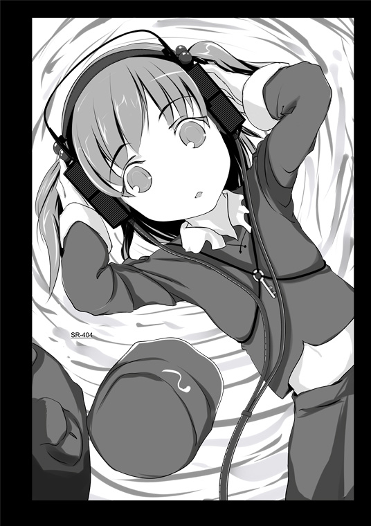kawashiro nitori, touhou, 1girl, female focus, greyscale, hair bobbles, hair ornament, hat, headphones, key, midriff, monochrome, navel, solo, twintails, unworn hat, unworn headwear