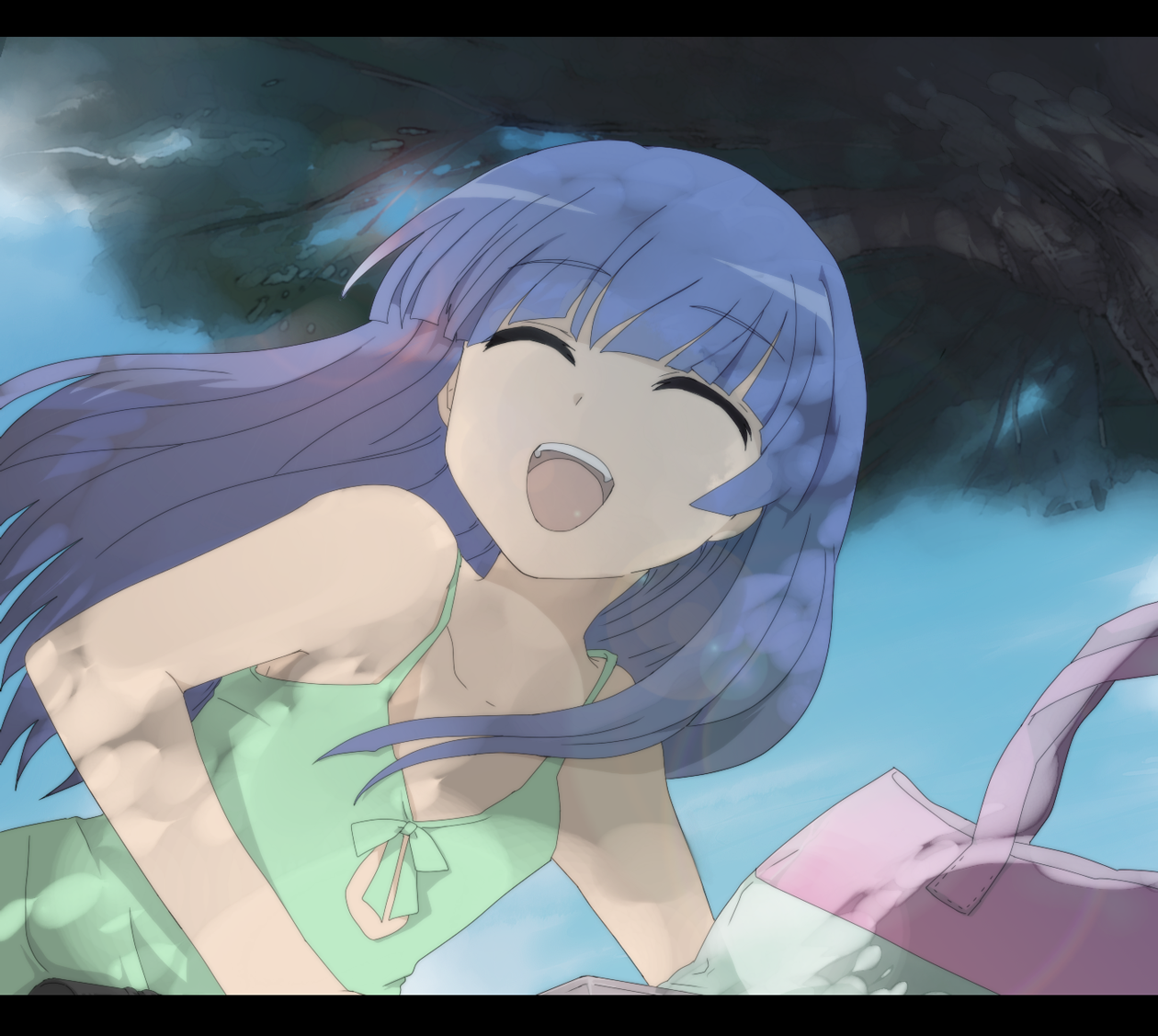 maroyan, furude rika, higurashi no naku koro ni, bad id, bad pixiv id, 00s, bag, blue hair, closed eyes, dress, happy, long hair, smile, solo
