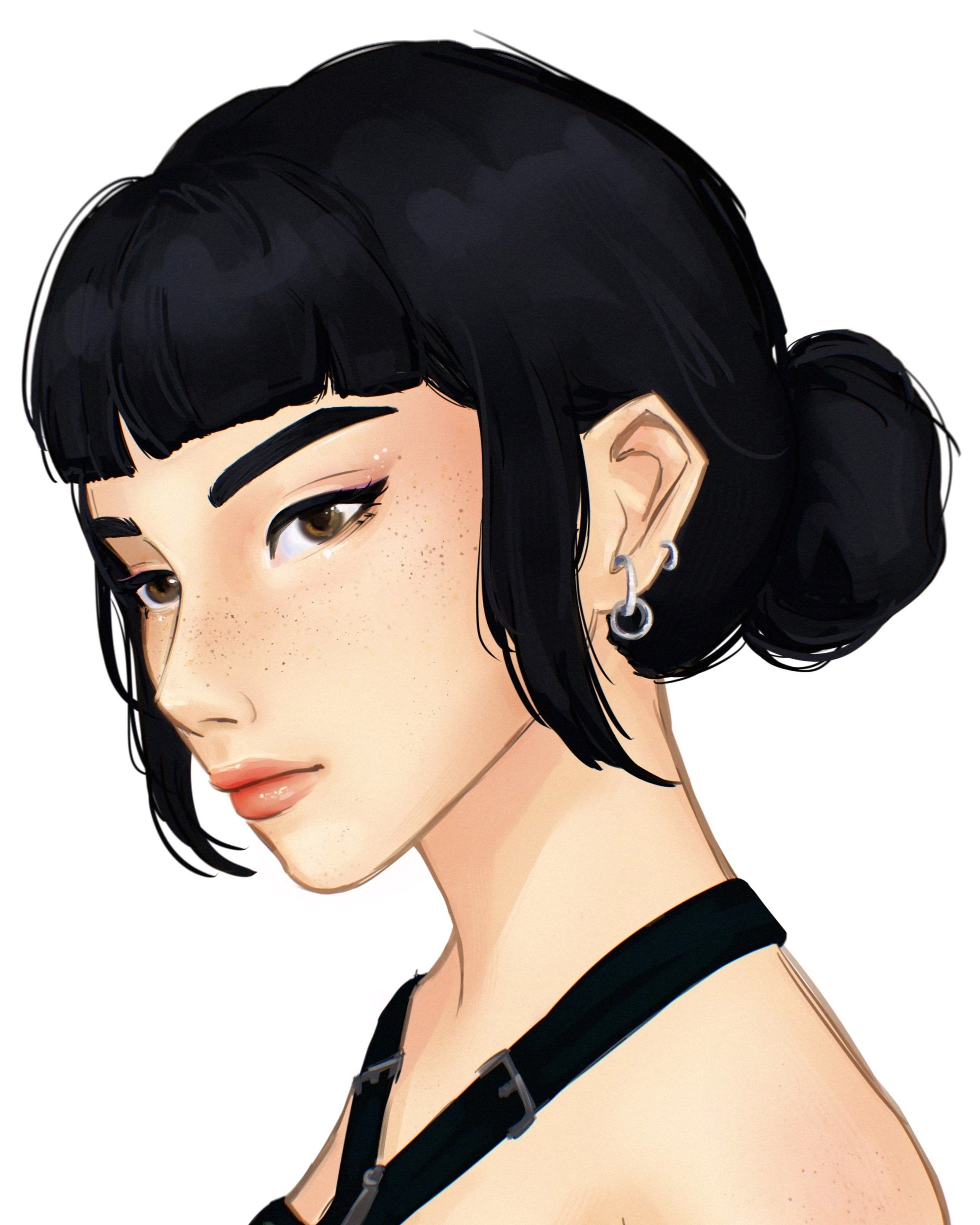 zoey (kpop demon hunters), kpop demon hunters, absurdres, highres, 1girl, black hair, blunt bangs, brown eyes, earrings, eyeshadow, freckles, hair bun, jewelry, makeup, short bangs