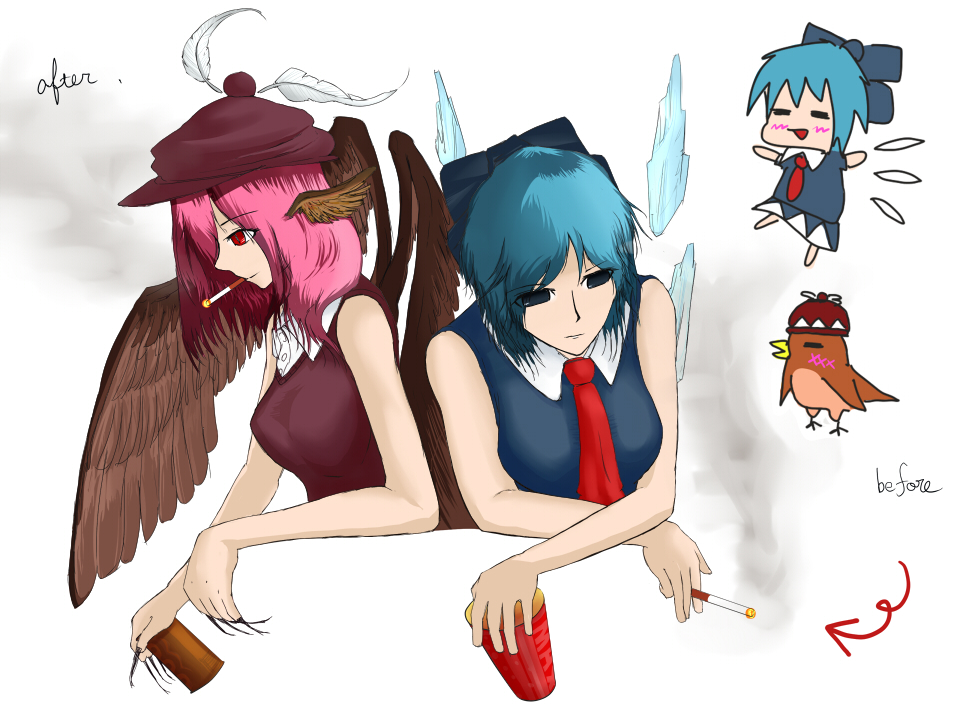 neevelile, cirno, cirno-nee, mystia lorelei, mystia lorelei (bird), touhou, bad id, bad pixiv id, 2girls, aged up, chibi, cigarette, female focus, multiple girls, smoking