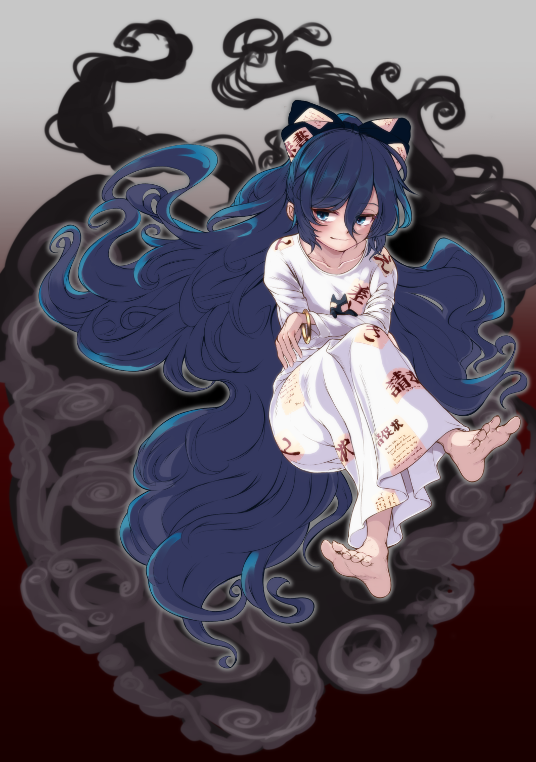 yorigami shion, sunken fossil world, touhou, highres, 1girl, absurdly long hair, aura, bangle, barefoot, blue bow, blue eyes, blue hair, bow, bracelet, breasts, closed mouth, crossed legs, dress, hair bow, jewelry, long dress, long hair, long sleeves, looking at viewer, official alternate costume, small breasts, smile, soles, solo, stuffed animal, stuffed cat, stuffed toy, toes, user ykvz5385, very long hair, white dress