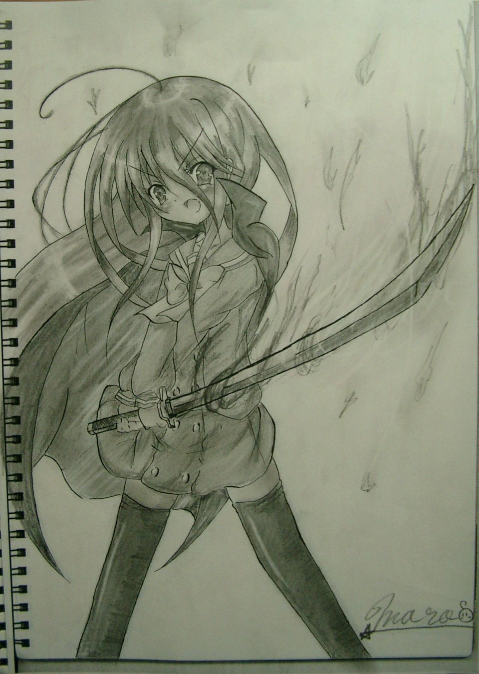 bananamin, shana, shakugan no shana, highres, photo (medium), traditional media, 00s, 1girl, female focus, green theme, monochrome, solo, sword, thighhighs, weapon