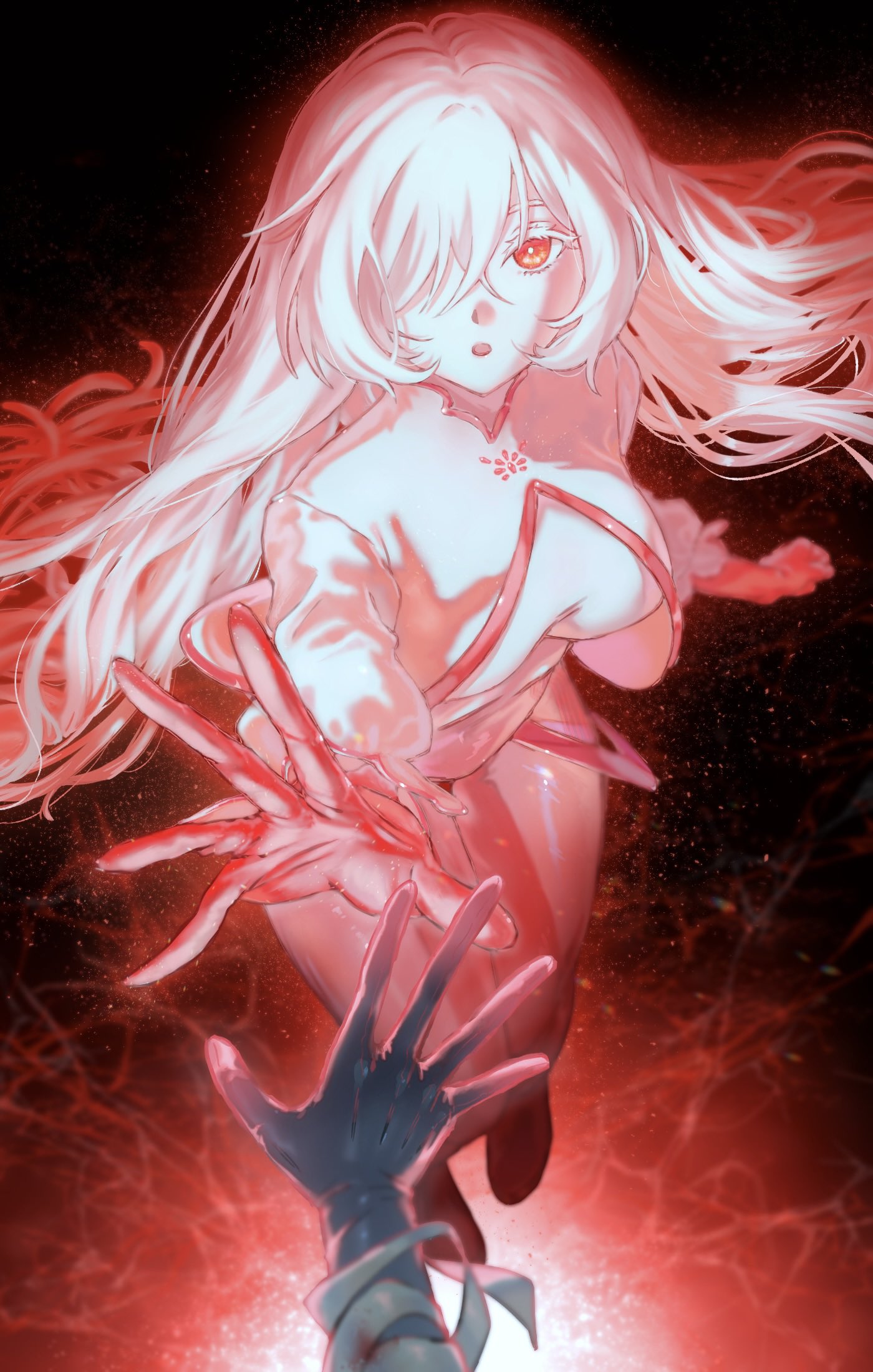 621 (armored core vi), ayre (armored core vi), armored core, armored core vi: fires of rubicon, highres, 1girl, alcohol635440, bandaged arm, bandages, energy, floating hair, full body, glowing, glowing hair, hair over one eye, long hair, long sleeves, open mouth, outstretched arm, outstretched hand, personification, reaching, red eyes, science fiction, white hair