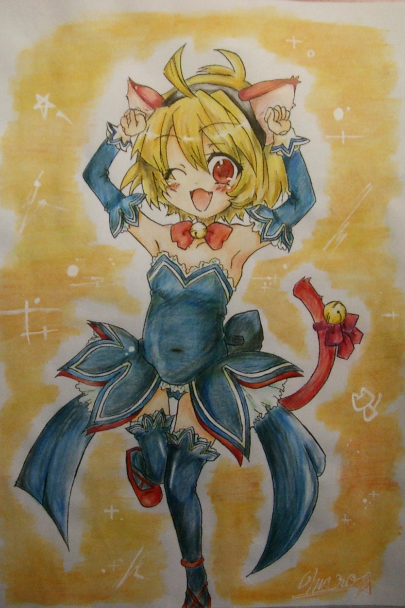 bananamin, houjou satoko, higurashi no naku koro ni, highres, traditional media, 00s, angel mort, animal ears, armpits, bell, cat ears, detached collar, solo