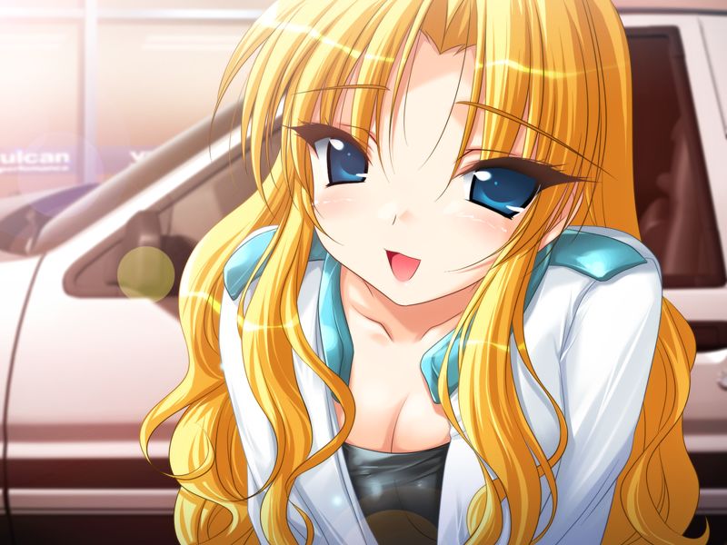 emily (pure dream), toudouin reiko, moero downhill night, moero downhill night (series), moero downhill night 2, toyota, game cg, non-web source, 1girl, blonde hair, blue eyes, breasts, car, cleavage, female focus, leaning forward, long hair, motor vehicle, solo, toyota sprinter trueno