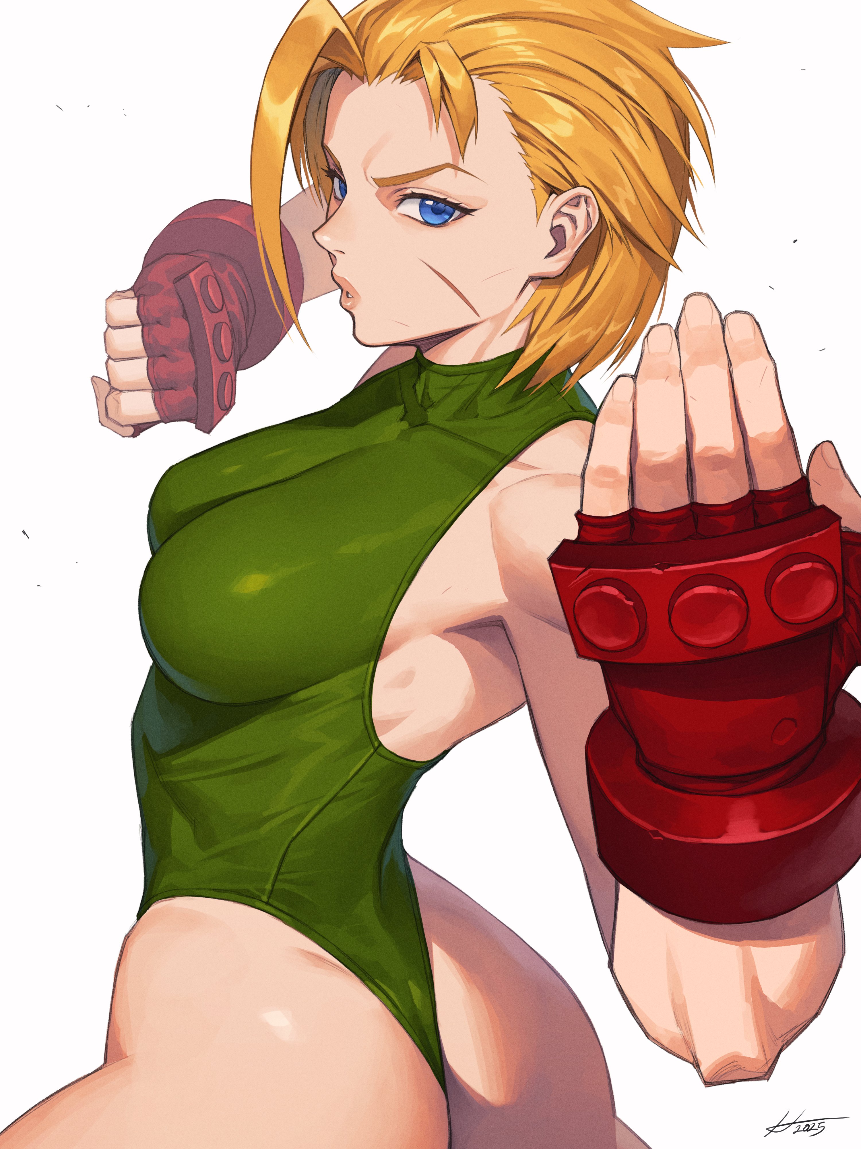 hichi, cammy white, street fighter, street fighter 6, absurdres, highres, 1girl, ass, blonde hair, blue eyes, breasts, facial scar, gloves, green leotard, heattech leotard, highleg, highleg leotard, leotard, medium breasts, red gloves, scar, scar on cheek, scar on face, short hair, simple background, solo, thong leotard, turtleneck, white background