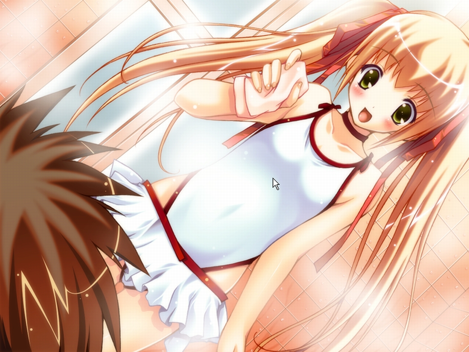 yuuki haruka, pastel (game), game cg, non-web source, 1girl, bathroom, blonde hair, dutch angle, flat chest, green eyes, long hair, one-piece swimsuit, skirt, solo focus, steam, swimsuit, twintails