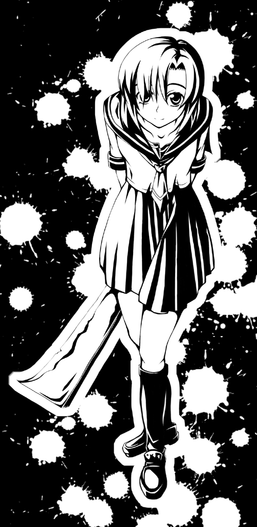 ankou, ryuuguu rena, higurashi no naku koro ni, 00s, 1girl, billhook, female focus, full body, greyscale, hashitsuki nata, hatchet, kneehighs, loafers, looking at viewer, monochrome, nata (tool), pleated skirt, sailor collar, school uniform, serafuku, shoes, short hair, skirt, socks, solo, standing