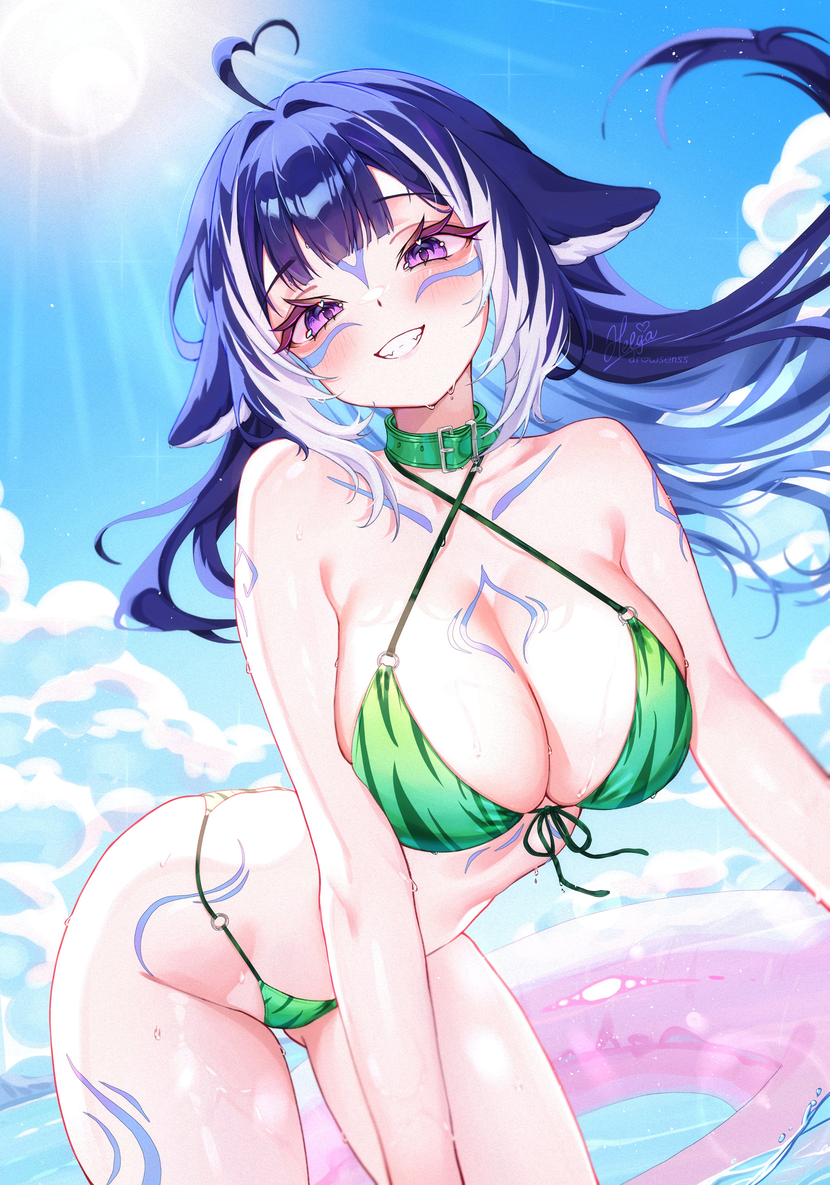 drowsenss, shylily, indie virtual youtuber, absurdres, commentary, english commentary, highres, 1girl, :d, ahoge, alternate costume, bent over, bikini, blue hair, blue sky, blunt bangs, body markings, breasts, cleavage, cloud, collar, colored inner hair, criss-cross halter, day, facial mark, front-tie bikini top, front-tie top, gluteal fold, green bikini, green collar, grin, halterneck, heart, heart ahoge, highleg, highleg bikini, large breasts, long hair, looking at viewer, multicolored hair, no tail, o-ring, o-ring bikini, open mouth, outdoors, purple eyes, sky, smile, solo, streaked hair, string bikini, swim ring, swimsuit, very long hair, virtual youtuber, white hair
