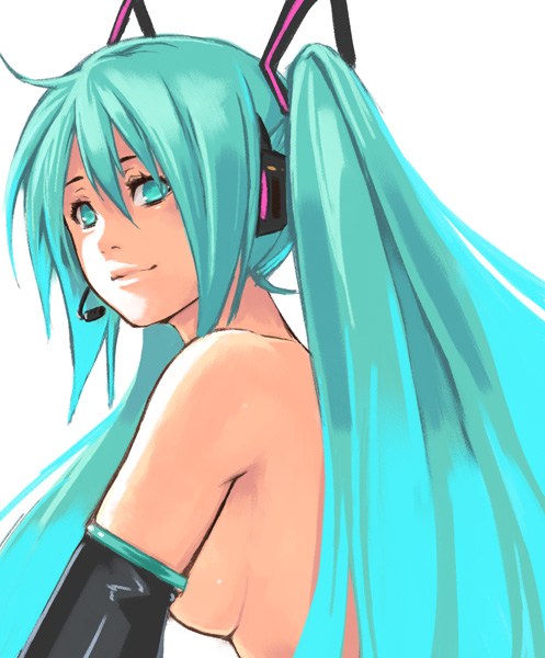yuuji (and), hatsune miku, vocaloid, bad id, bad pixiv id, 1girl, aqua eyes, aqua hair, breasts, detached sleeves, female focus, headphones, headset, medium breasts, microphone, smile, solo, topless female, twintails