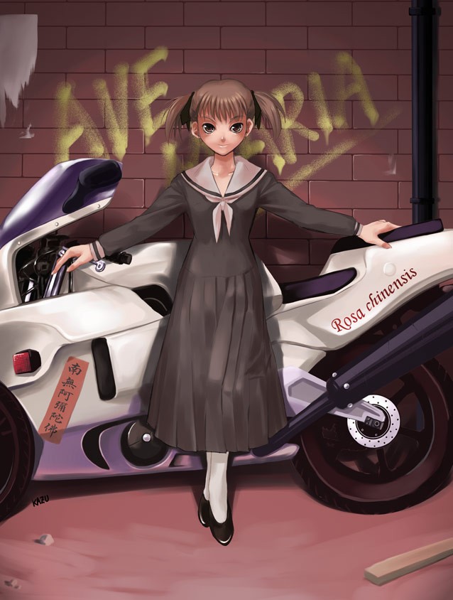 fukuzawa yumi, maria-sama ga miteru, vehicle, non-web source, 00s, brown eyes, brown hair, motor vehicle, motorcycle, school uniform, short hair, solo, sport motorcycle, twintails
