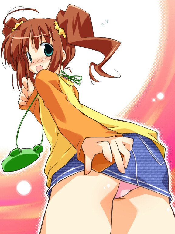 asoka, takatsuki yayoi, idolmaster, idolmaster (classic), idolmaster 1, 00s, 1girl, ahoge, ass, blue eyes, blush, brown hair, female focus, panties, raglan sleeves, solo, twintails, underwear, upskirt
