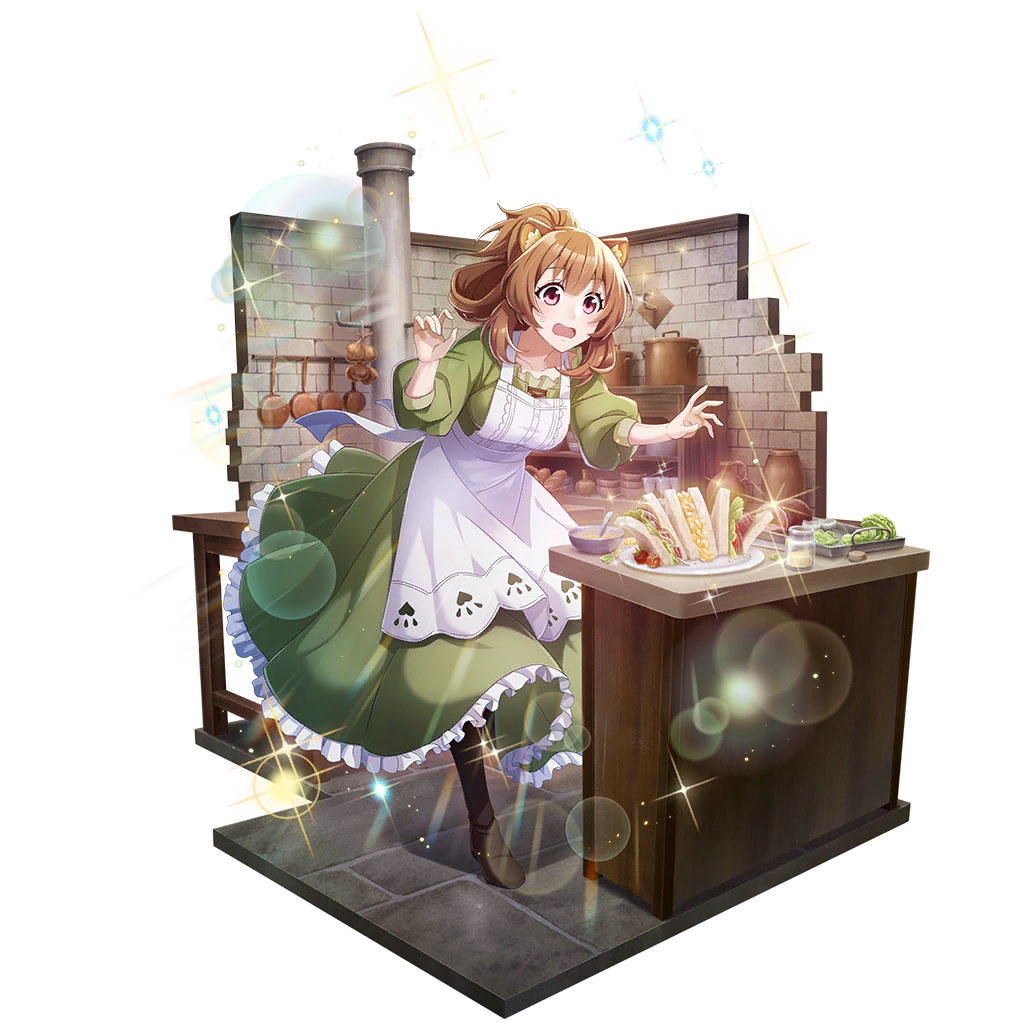 raphtalia, tate no yuusha no nariagari, tate no yuusha no nariagari rerise, artist request, game cg, official art, 1girl, animal ears, apron, boots, bread, breasts, brown boots, brown hair, brown pants, candle, candlelight, collarbone, cooking, dress, eyelashes, folded hair, food, frilled dress, frills, full body, green dress, hair between eyes, indoors, kitchen, lettuce, light particles, long dress, looking at object, medium breasts, medium hair, official alternate costume, open mouth, pants, pants under dress, pink eyes, raccoon ears, raccoon girl, sandwich, simple background, solo, sparkle, three-quarter sleeves, tomato, transparent background, white apron, wide-eyed, wide mouth