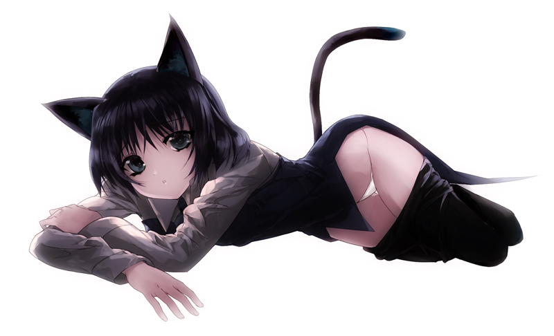 repair, sanya v. litvyak, strike witches, world witches series, bad id, bad pixiv id, 00s, 1girl, animal ears, black hair, black pantyhose, clothes pull, female focus, green eyes, lowleg, lowleg panties, lying, panties, pantyhose, pantyhose pull, short hair, simple background, solo, tail, underwear, white panties