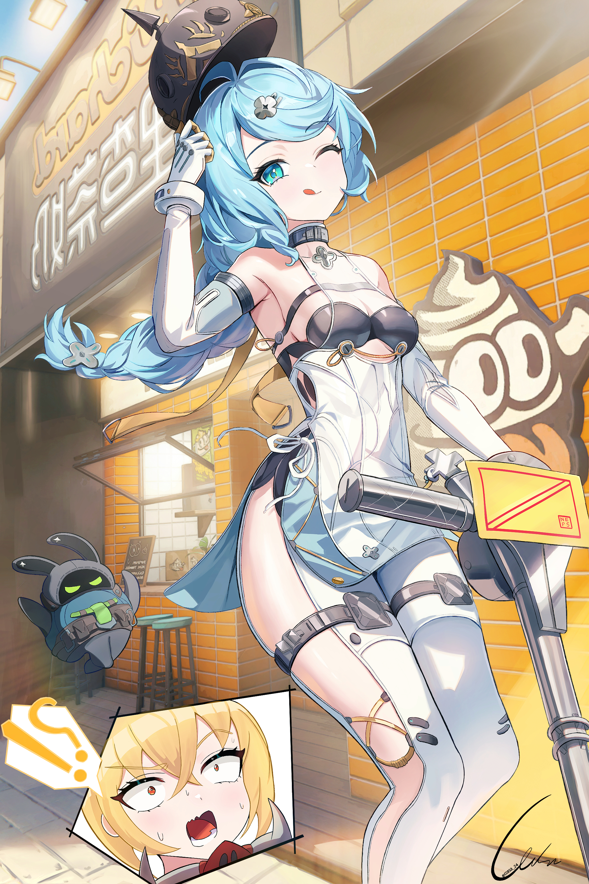 corsa 24, bangboo (zenless zone zero), luciana de montefio, seed (zenless zone zero), zenless zone zero, absurdres, commentary, highres, !?, 2girls, ;d, bare shoulders, black helmet, blonde hair, blue hair, blue sky, choker, elbow gloves, gloves, hair between eyes, hair ornament, helmet, long hair, motor vehicle, multiple girls, one eye closed, open mouth, outdoors, red eyes, scooter, see-through dress layer, sky, smile, stool