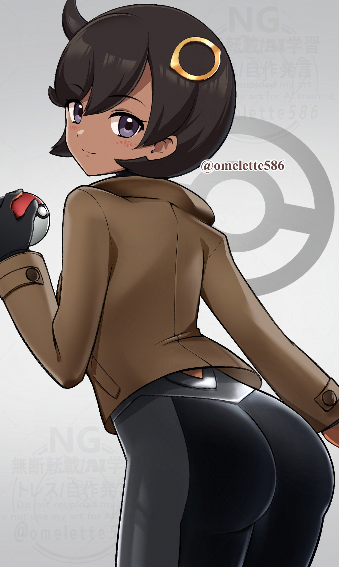 komurice, emma (pokemon), nintendo, pokemon, pokemon legends: z-a, highres, 1girl, ass, black bodysuit, black gloves, black hair, bodysuit, bodysuit under clothes, brown jacket, closed mouth, from behind, gloves, grey background, hair ornament, holding, holding poke ball, huge ass, jacket, leaning forward, looking at viewer, looking back, poke ball, poke ball (basic), purple eyes, short hair, smile, solo, wide hips