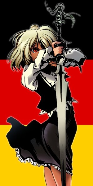 1girl, blonde hair, female focus, germany, red eyes, short hair, skirt, solo, sword, weapon