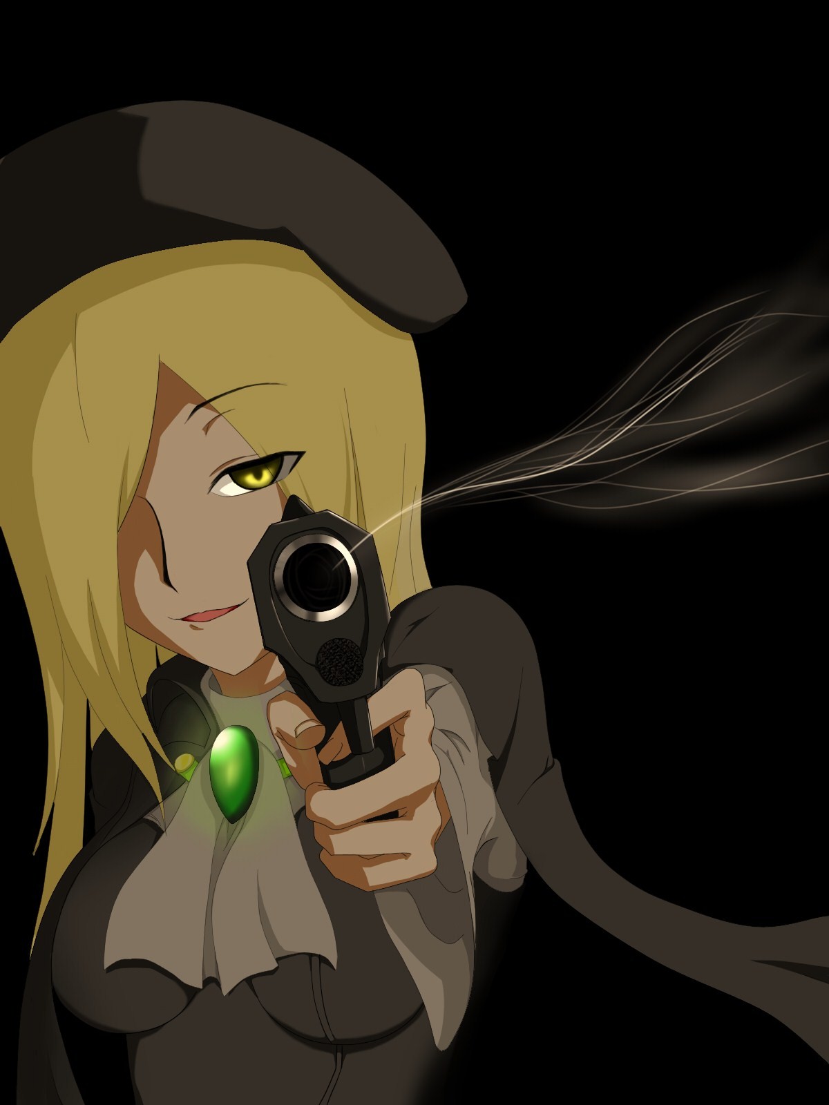 sora (pixiv), sora (y564219), takano miyo, higurashi no naku koro ni, highres, md5 mismatch, resolution mismatch, source smaller, spoilers, 00s, 1girl, aiming, aiming at viewer, female focus, gun, handgun, holding, holding gun, holding weapon, pistol, solo, weapon