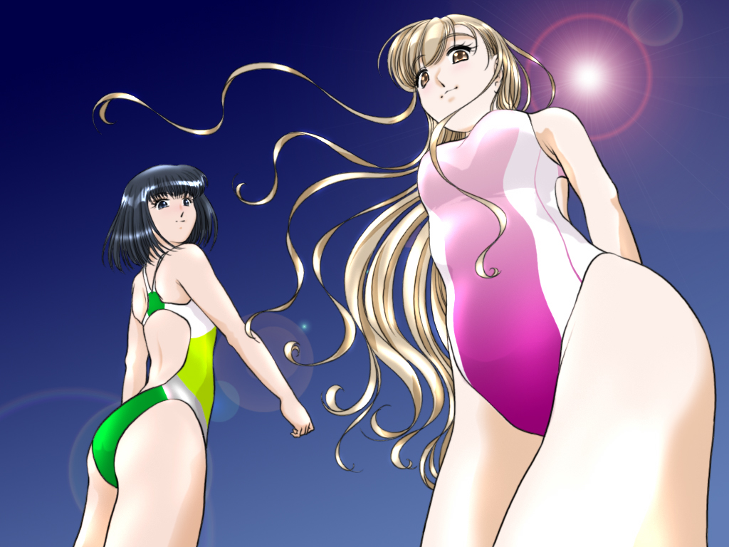 ikuta kaoru, nijou noriko, toudou shimako, maria-sama ga miteru, 00s, ass, black eyes, black hair, brown eyes, brown hair, competition swimsuit, from below, long hair, one-piece swimsuit, short hair, swimsuit