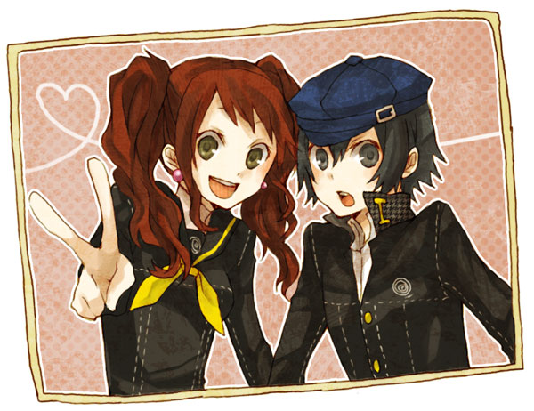 buzz (moi), kujikawa rise, shirogane naoto, atlus, persona, persona 4, 2girls, androgynous, blue hair, brown hair, hat, multiple girls, newsboy cap, reverse trap, twintails