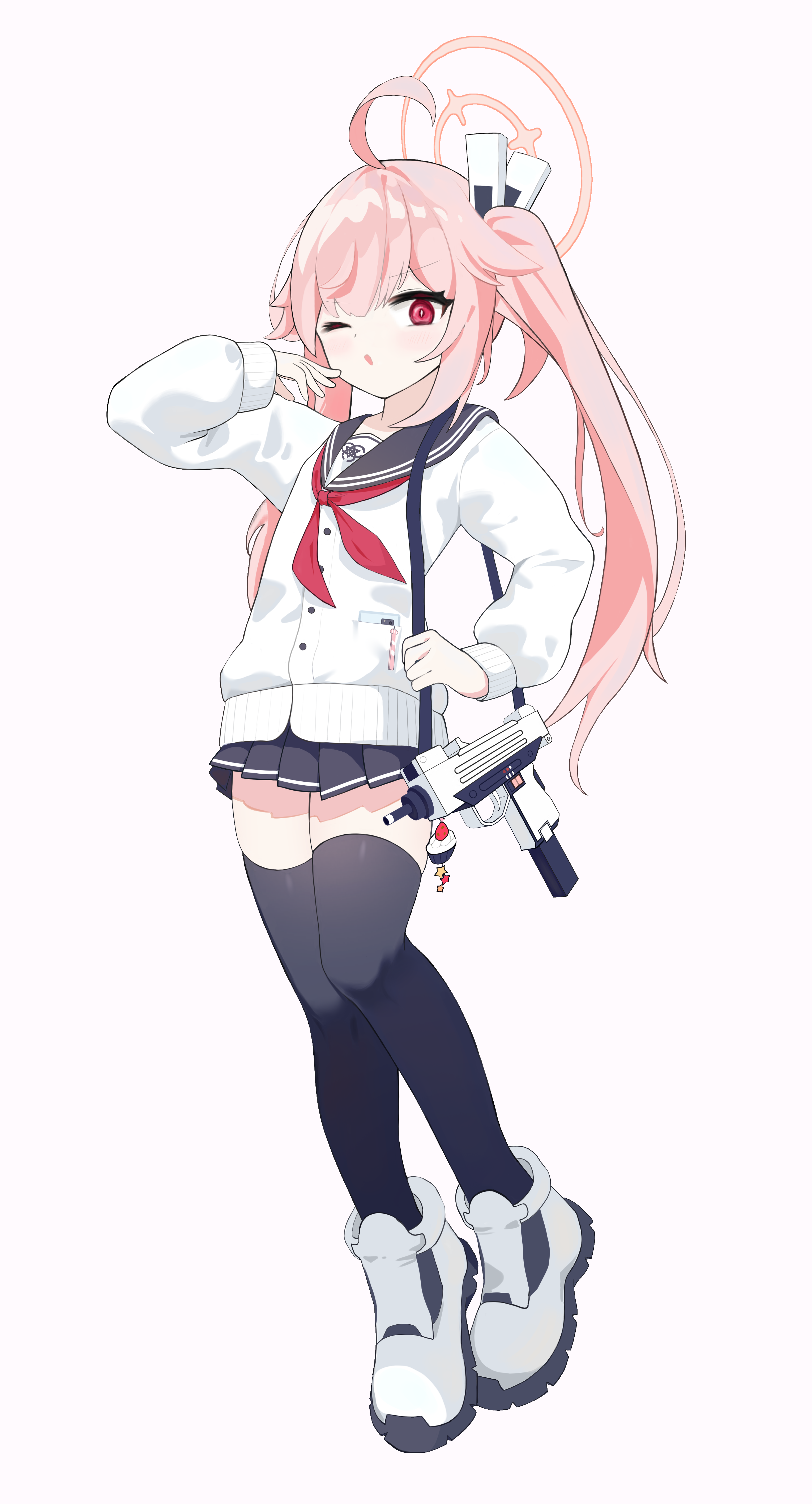 shinba233, natsu (blue archive), blue archive, absurdres, highres, 1girl, ahoge, black sailor collar, black skirt, black thighhighs, breasts, bright pupils, buttons, full body, gun, hair between eyes, hair flaps, hair ornament, halo, hand to own mouth, hand up, holding strap, jacket, long hair, long sleeves, looking at viewer, miniskirt, neckerchief, one eye closed, open mouth, pink hair, pink halo, pleated skirt, red eyes, red neckerchief, sailor collar, school uniform, serafuku, shoes, simple background, skirt, small breasts, solo, standing, submachine gun, thighhighs, twintails, uzi, very long hair, weapon, white background, white jacket, white pupils, white shoes, zettai ryouiki