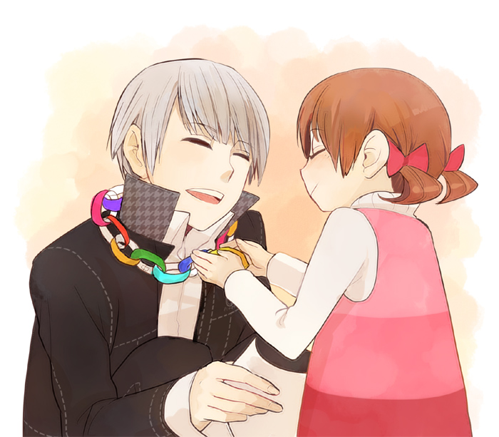 darao, dro, doujima nanako, narukami yu, atlus, persona, persona 4, bad id, bad pixiv id, brown hair, child, closed eyes, grey hair, jewelry, necklace, short hair, twintails
