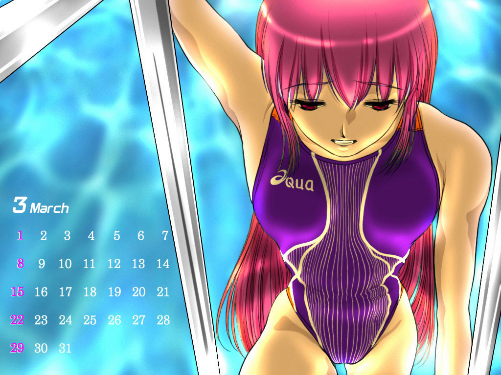 ikuta kaoru, bad id, bad pixiv id, calendar, competition swimsuit, long hair, one-piece swimsuit, pool, red eyes, red hair, solo, swimsuit