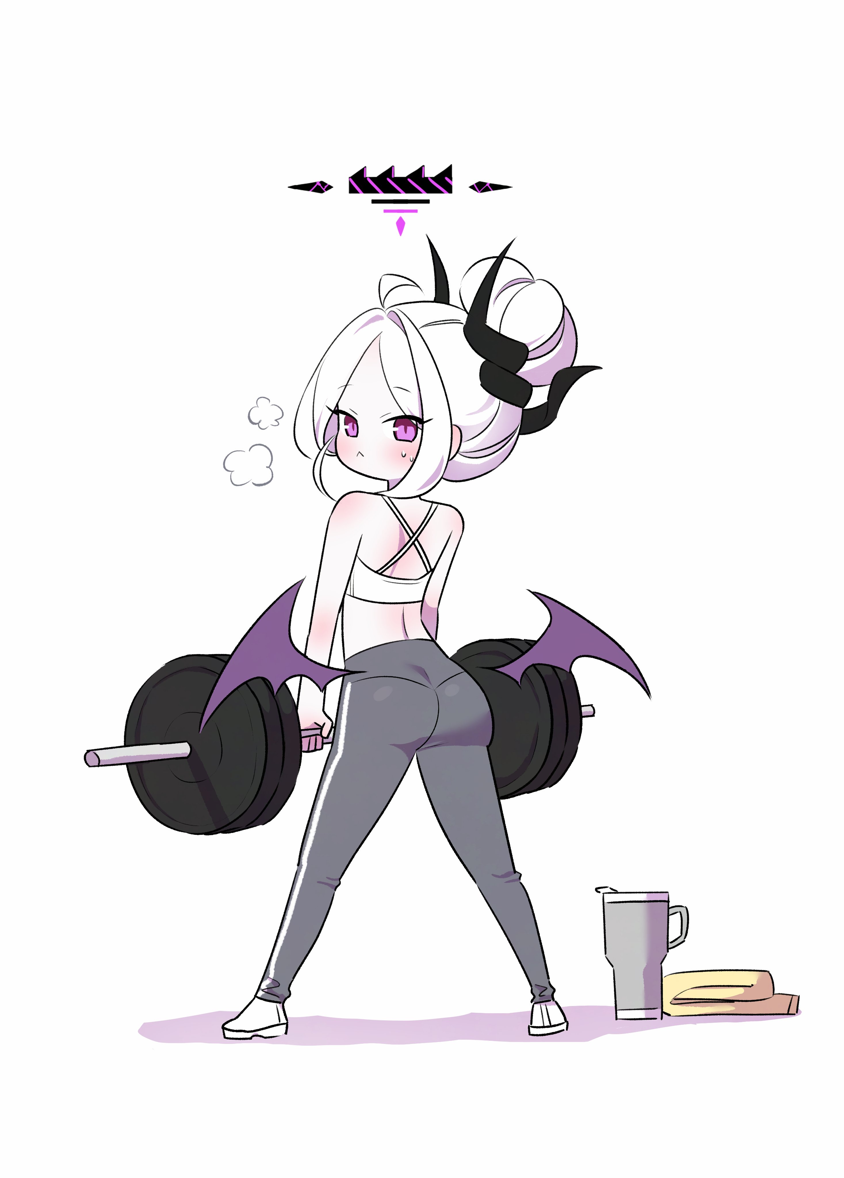 mata ashita, hina (blue archive), blue archive, absurdres, highres, 1girl, ass, barbell, deadlift, demon girl, demon horns, exercising, halo, horns, low wings, purple eyes, purple wings, simple background, sports bra, sportswear, weightlifting, white background, white hair, wings