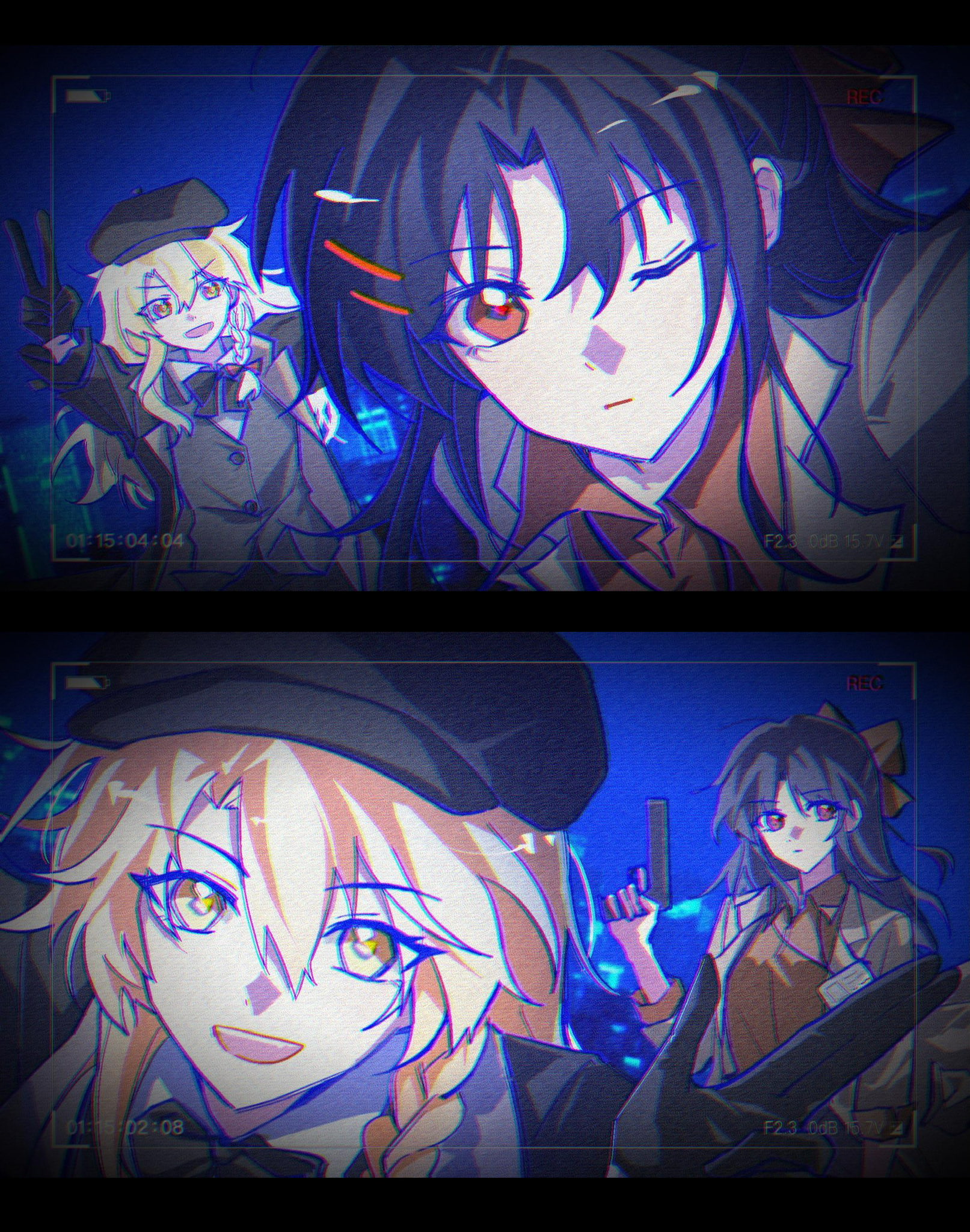 mi pomeranian, hakurei reimu, kirisame marisa, touhou, chinese commentary, commentary request, highres, 2girls, alternate costume, alternate headwear, battery indicator, black bow, black bowtie, black gloves, black hair, black jacket, blonde hair, bow, bowtie, braid, collared shirt, contemporary, gloves, grey vest, gun, hair bow, hair tubes, handgun, hat, holding, holding gun, holding weapon, id card, jacket, long hair, long sleeves, looking at viewer, multiple girls, one eye closed, open clothes, open jacket, open mouth, red bow, red eyes, red shirt, shirt, side braid, single braid, smile, vest, viewfinder, weapon, white jacket, white shirt, yellow eyes