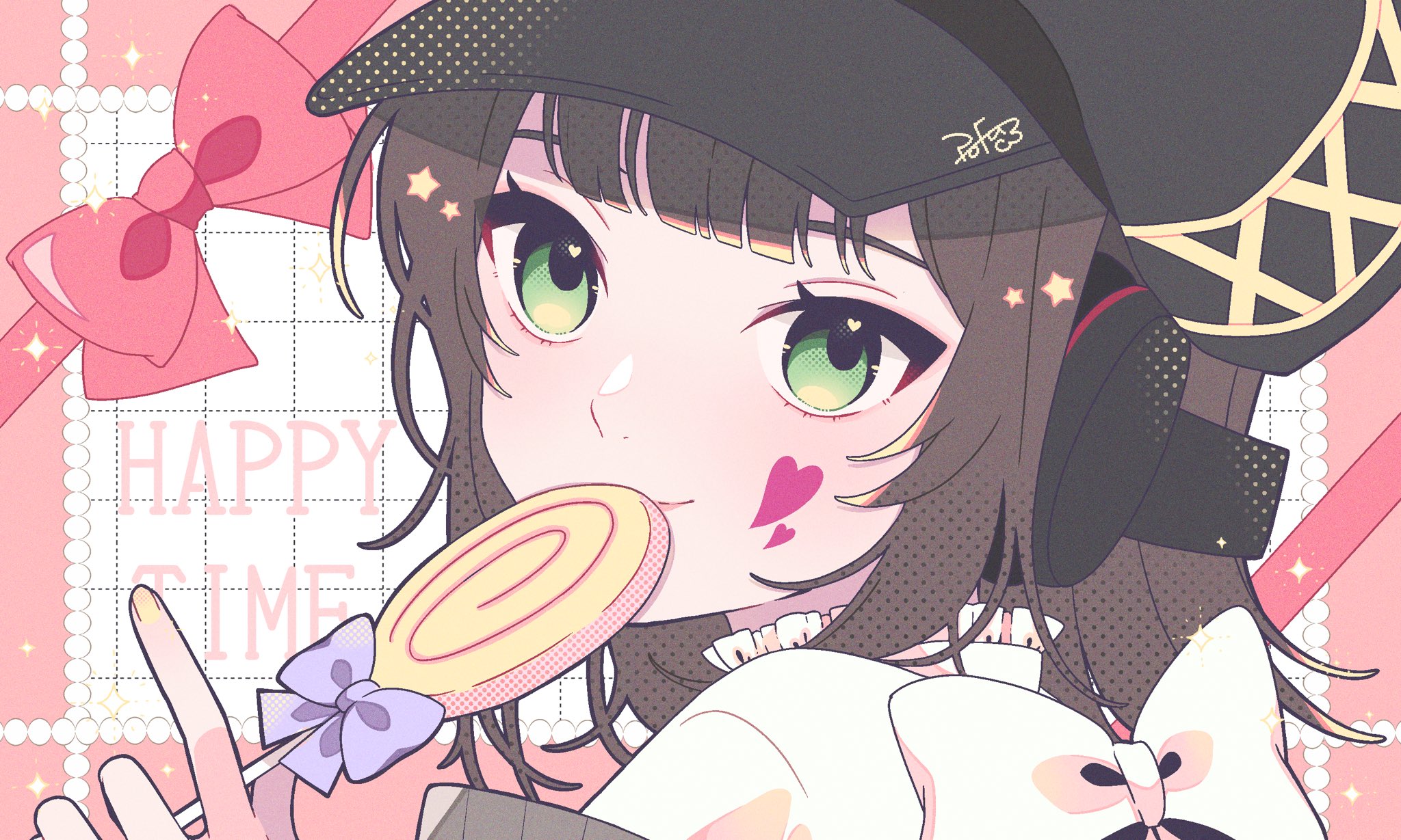 popo mocomoco, sakai ayaka, persona, persona 5, persona 5: the phantom x, commentary request, highres, 1girl, behind-the-head headphones, black hat, blunt bangs, border, bow, brown hair, candy, cheek tattoo, close-up, closed mouth, food, green eyes, grid background, hat, headphones, heart, heart tattoo, holding, holding candy, holding food, holding lollipop, lollipop, looking at viewer, medium hair, newsboy cap, outside border, pink border, pink bow, portrait, shirt, signature, smile, solo, star (symbol), swirl lollipop, tattoo, white background, white bow, white shirt