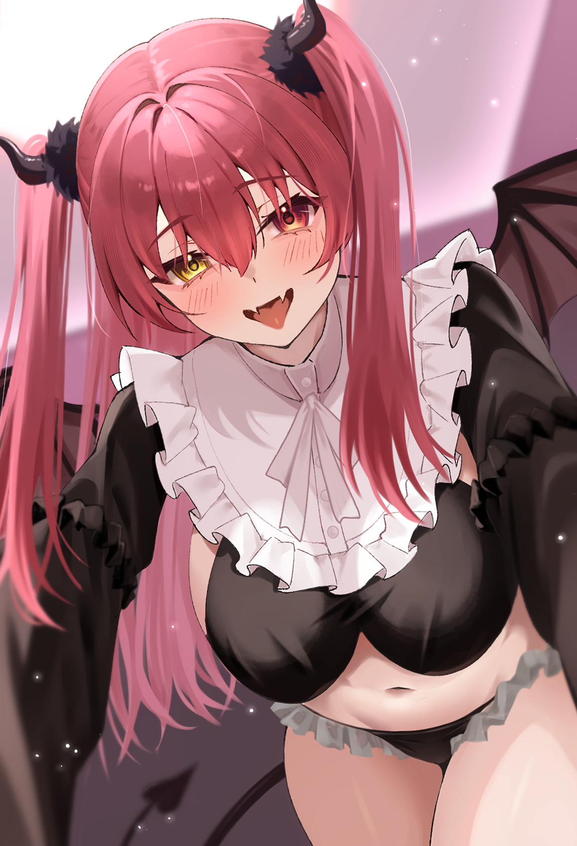 mogmog megmog, houshou marine, hololive, highres, black panties, black shirt, black tail, breasts, cropped shirt, demon girl, demon horns, demon tail, demon wings, fang, heterochromia, horns, large breasts, panties, red eyes, red hair, shirt, skin fang, tail, twintails, underwear, virtual youtuber, wings, yellow eyes