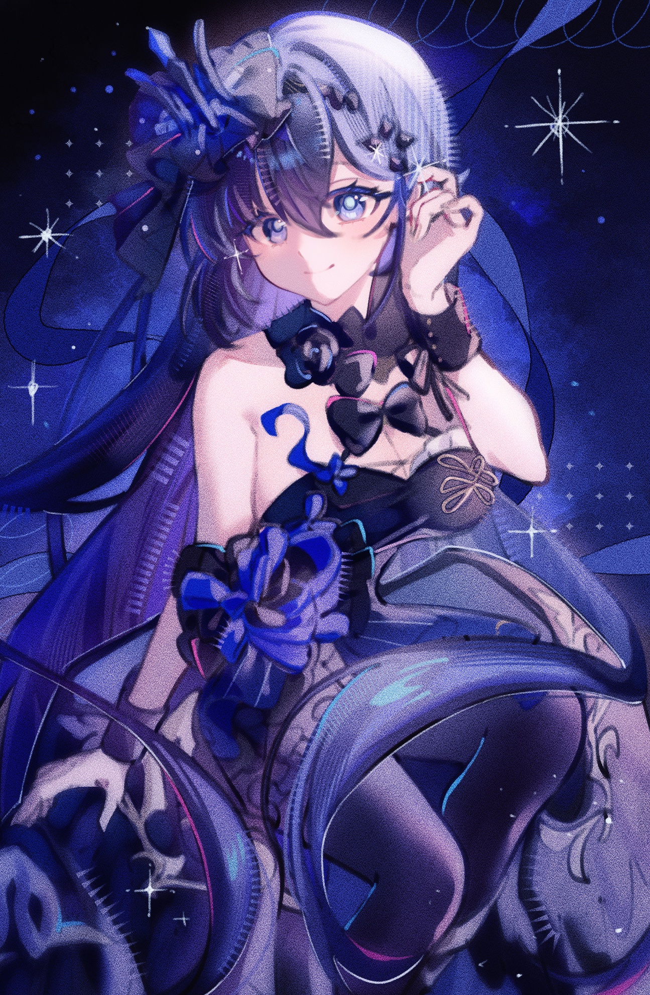 pino (pino2452), seele vollerei, seele vollerei (eternal night's embrace), seele vollerei (herrscher of rebirth), honkai (series), honkai impact 3rd, commentary request, highres, 1girl, bare shoulders, black dress, black hair, black pantyhose, blue eyes, breasts, cleavage, dress, hair ornament, large breasts, official alternate costume, pantyhose, smile, solo