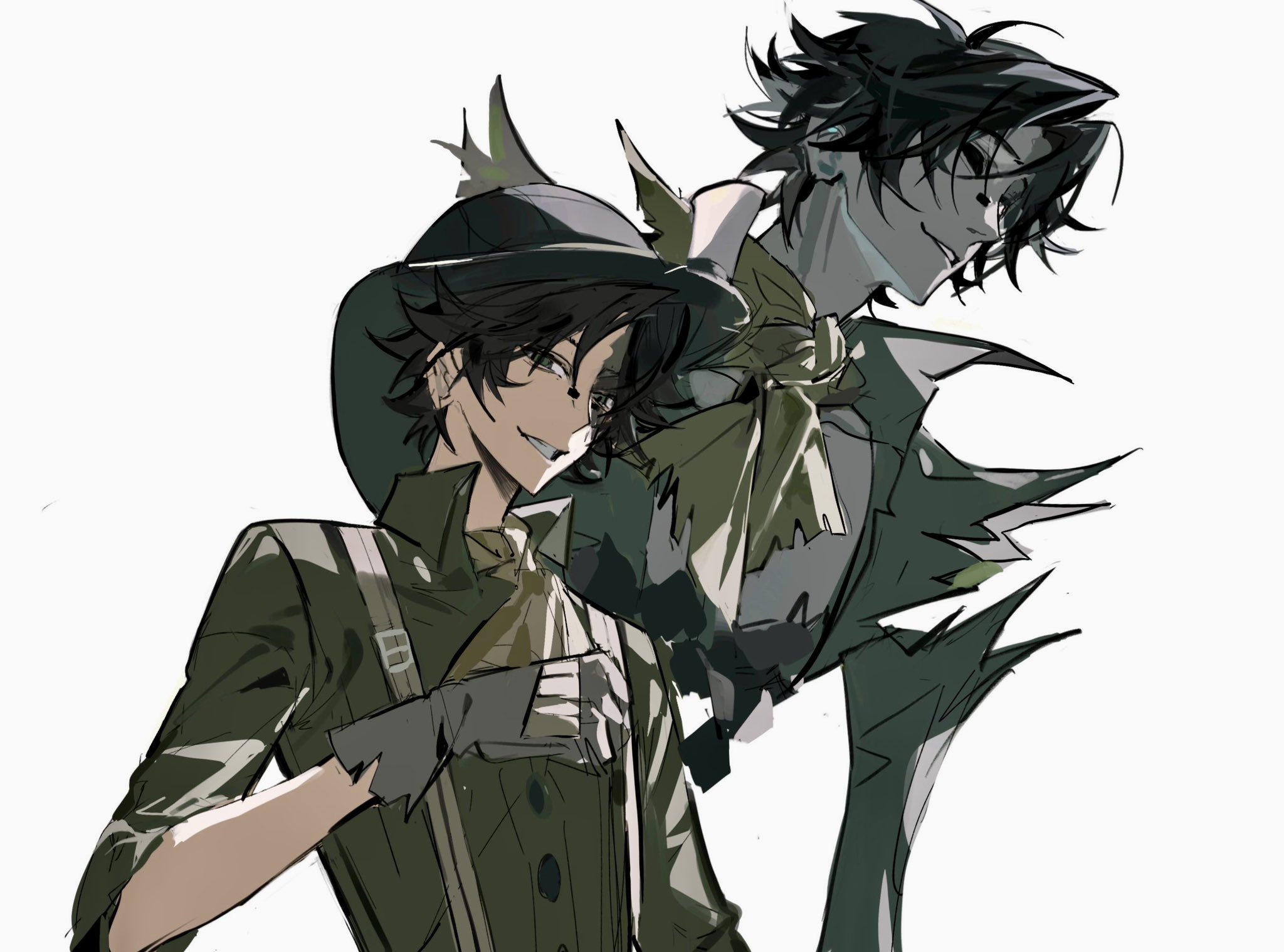 norton campbell, identity v, highres, 2boys, ascot, black gloves, black hair, fool's gold (identity v), gloves, green eyes, grin, hat, lglgwdpy, looking at viewer, male focus, multiple boys, necktie, piercing, scar, scar on face, scarf, shirt, short hair, simple background, smile, suspenders, upper body, white background